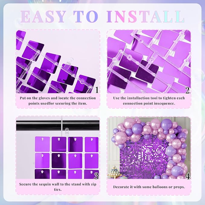 Shimmer Wall Backdrop Purple Wall Panels 24Pcs Square Sequin Shimmer Wall - Image 5