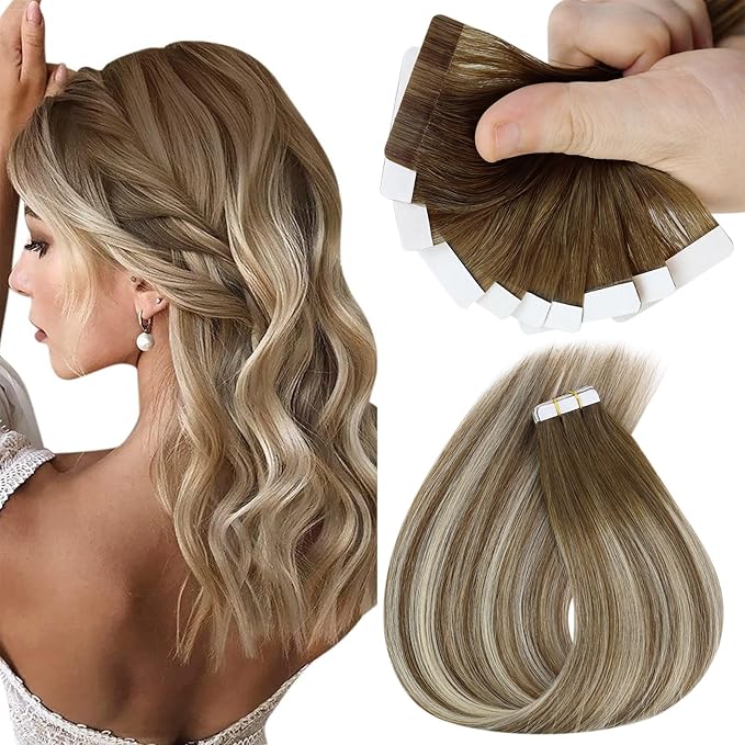 Sunny Hair Tape in Hair Extensions Real Human Hair Invisible Remy Hair Extensions Tape ins for Women Medium Brown Ombre PLatinum Blonde Balayage 16 inch 25G