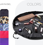 Lay-n-Go Cosmo Layflat Cosmetic & Makeup Bag Organizer - Portable Drawstring Bag w/Zipper Pocket, Brush Storage Loops & More - Durable, Machine Washable Toiletry Bag for Travel (22", Black)