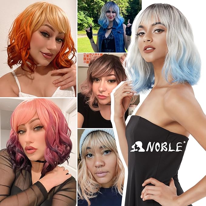 NOBLE Short Bob Wigs with Bangs for Women 3 Tone Ombre Color Synthetic Shoulder Length Curly Wavy Blonde to Orange to Ginger Wig Natural Looking Heat Resistant Colorful Daily Party Cosplay Bob Wigs.