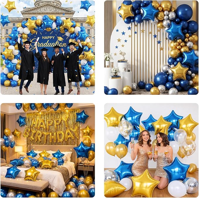 Blue Gold Star Foil Balloons, 18 Inch Metallic Blue and Gold Stars Balloon - Image 8
