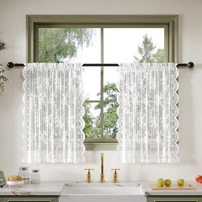 Anmao Vintage Lace Valance Kitchen Curtains 36 Inches Long 2 Panels, Semi Sheer by Anmao
