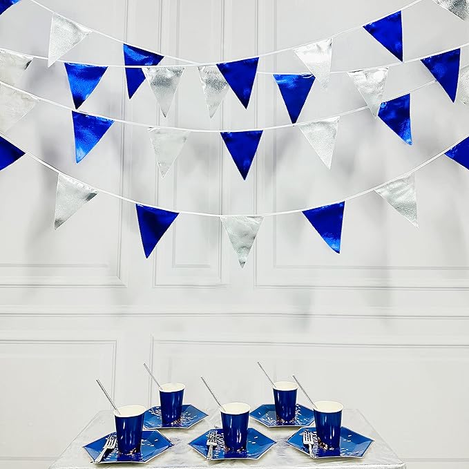 Royal Blue Silver Party Decorations Navy Blue Triangle Pennant Banner Flag - Image 4