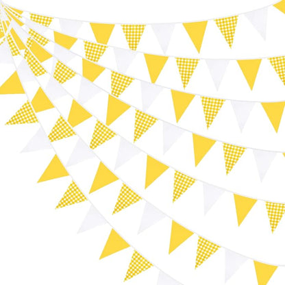 32Ft Yellow Party Decorations Yellow White Plaid Checkered Pennant Banner by pinkblume