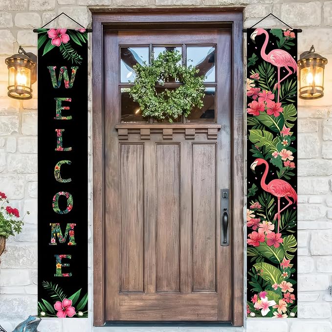 BlissYard 2pcs Black Pink Flamingo Door Banner Summer Hawaiian Porch Banners by BlissYard
