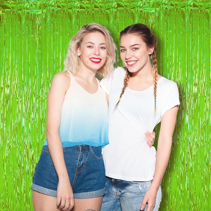 Voircoloria Green Iridescent Fringe Backdrop Curtains, 2 Pack | Tinsel Streamers - Image 8
