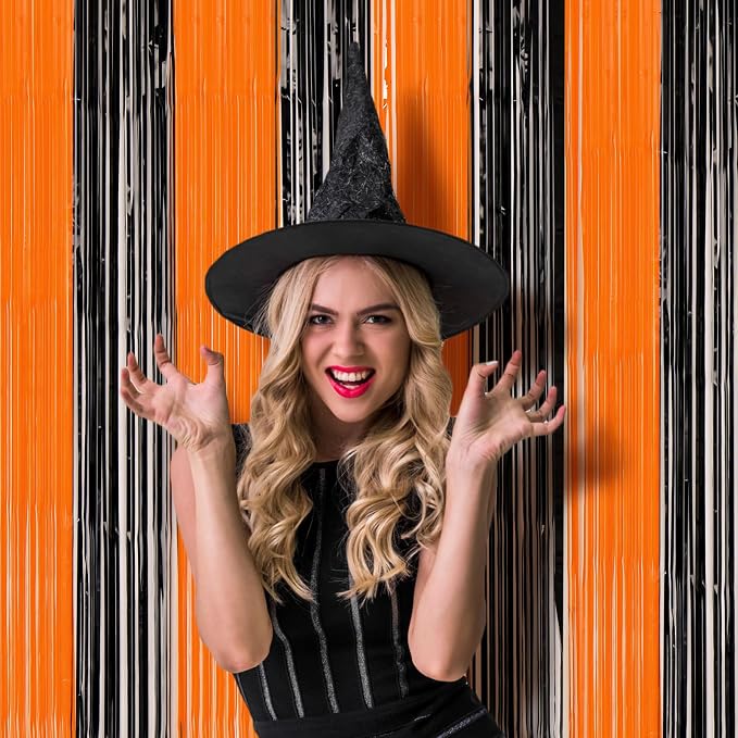 Voircoloria Black Orange Foil Fringe Backdrop Curtains, 3 Pack | Tinsel - Image 6