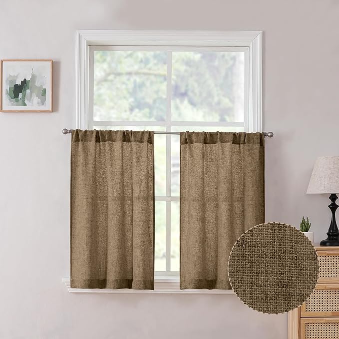 Tollpiz Linen Tier Curtain Rod Pocket Semi Sheer Half Kitchen Curtains Burlap by Tollpiz