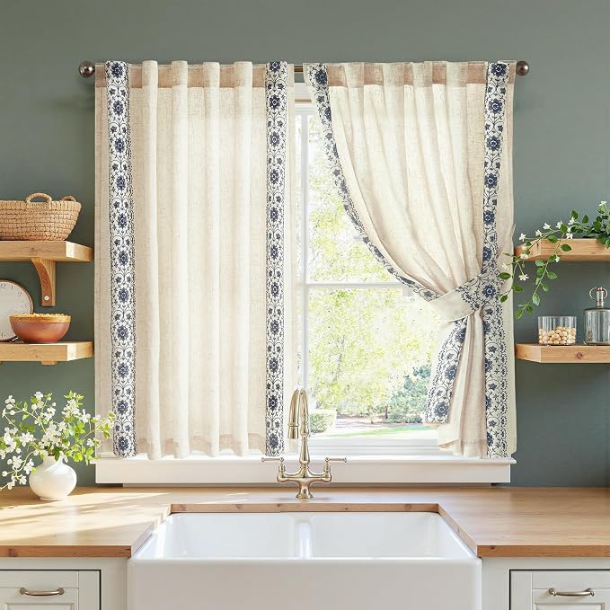 jinchan Blue Floral Embroidered Linen Kitchen Curtains 54×45 Inch 2 Panels | by JINCHAN