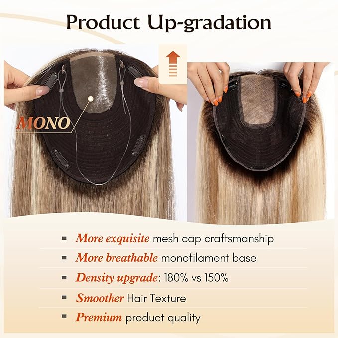 MONO TOP Hair Toppers for Women Human Hair 12 Inch 7"×8" Big Base Partial wig Cover Thinning Hair or Loss No Bangs Top Hair Pieces Natural Wiglets (Gray Blonde with Platinum Highlights)