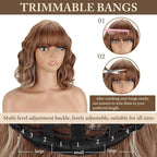 MISSQUEEN Light Brown Wavy Wig with Bangs Short Synthetic Curly Blonde Brown Highlight Wigs Heat Resistant Synthetic Fibre Wigs for Women Girls Daily Party Holiday Festival Chrismas Used
