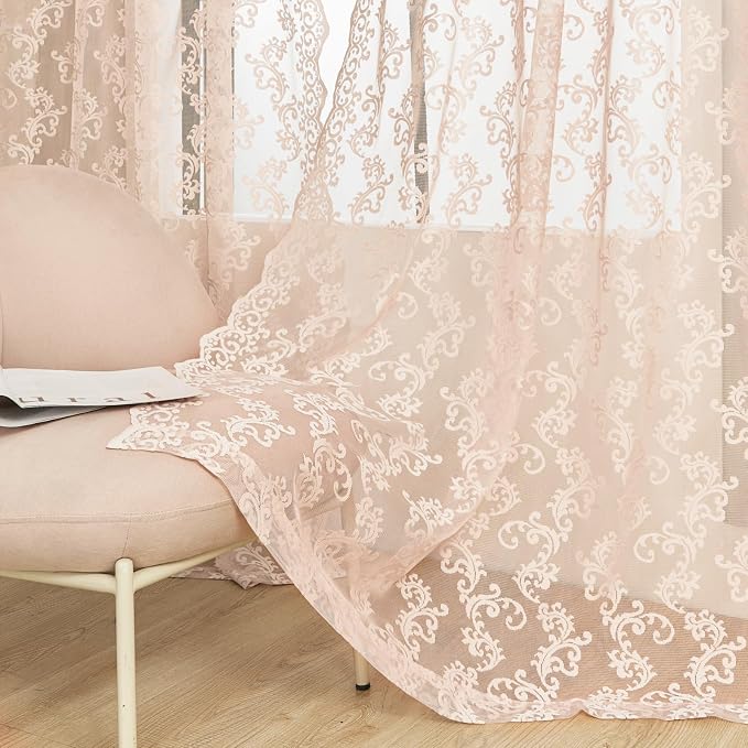 Blush Pink Lace Curtains 72 Inches Long 2 Panels Vintage French Floral Sheer - Image 5