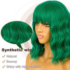 Short Bob Wigs with Bangs for Women Loose Wavy Wig Curly Wavy Shoulder Length Bob Synthetic Cosplay Wig for Girl Colorful Costume Wigs (Green)