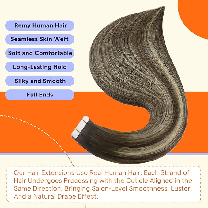 Full Shine Tape in Hair Extensions Human Hair 18 Inch hair extensions real human hair Color 2/60/2 Blonde Highlight Darkest Brown Balayage Tape in Remy Natural Human Hair Extensions 20Pcs/50Grams
