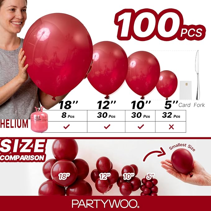 PartyWoo Burgundy Balloons 100pcs Dark Red Maroon Ruby Red Color | 18 12 10 5 - Image 6