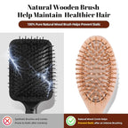 Wooden Hair Brush and Comb, One-piece Design, Reduce Frizz and Static, Massage Scalp, Detangling Paddle Hairbrush for Women, Girls, Kids, Includes Cleaning Claw, 5 Wood Bristles