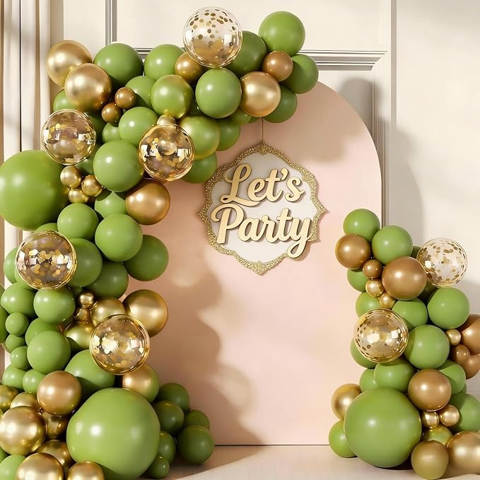 160pcs Olive Green Gold Balloon Garland Arch Kit | Olive Green Gold Confetti by Unknown