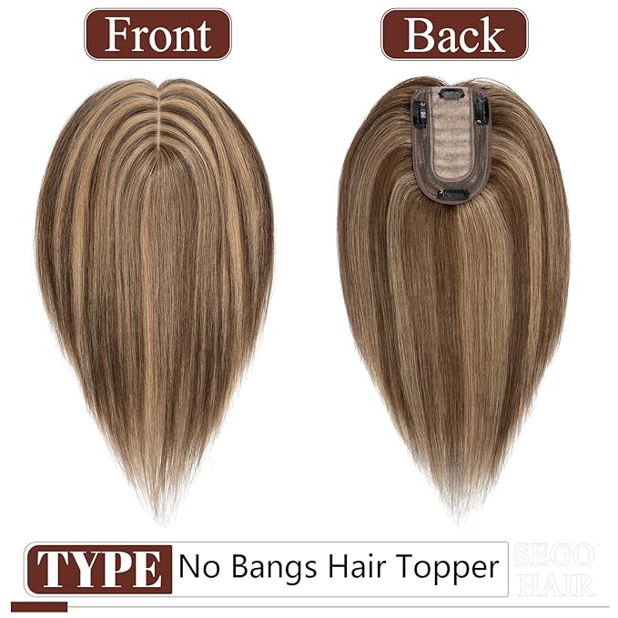 SEGO Real Human Hair Topper for Women, No Bangs Hair Topper with Anti-Slip Clips (18 Inches Medium Brown Mix Dark Blonde)