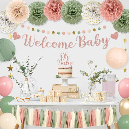 Amandir Sage Green and Pink Baby Shower Decorations Welcome Baby Banner | Pink - Image 7