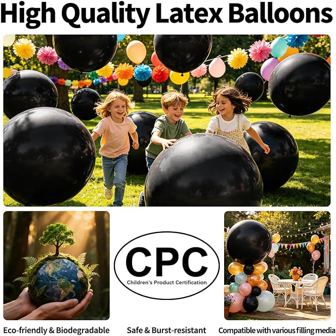 5Pcs Black Big Balloons 36 Inch, Round Large Latex Party Balloons - Image 3