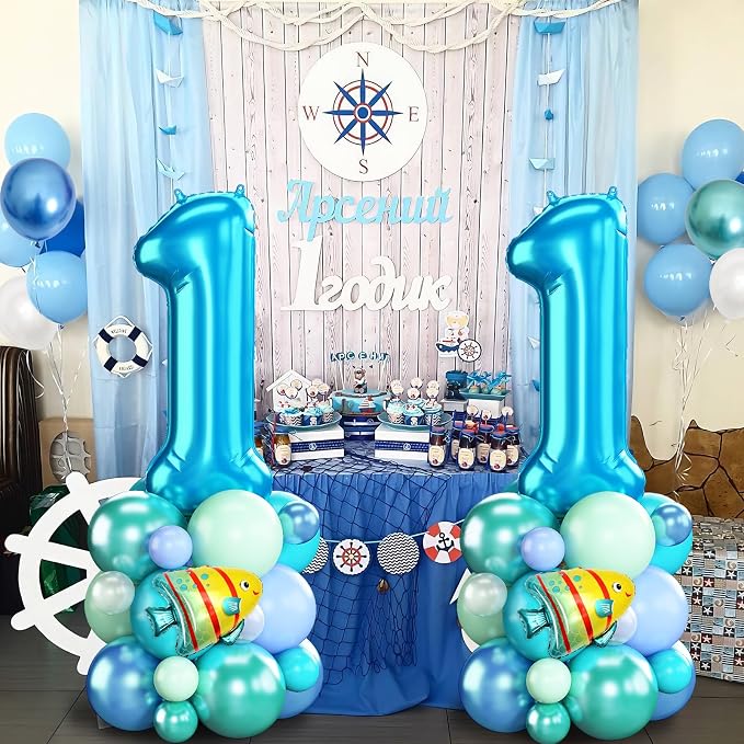 Blue Number 1 Balloon 40 Inch Ocean Under the Sea Number One Foil Balloons Tower - Image 4