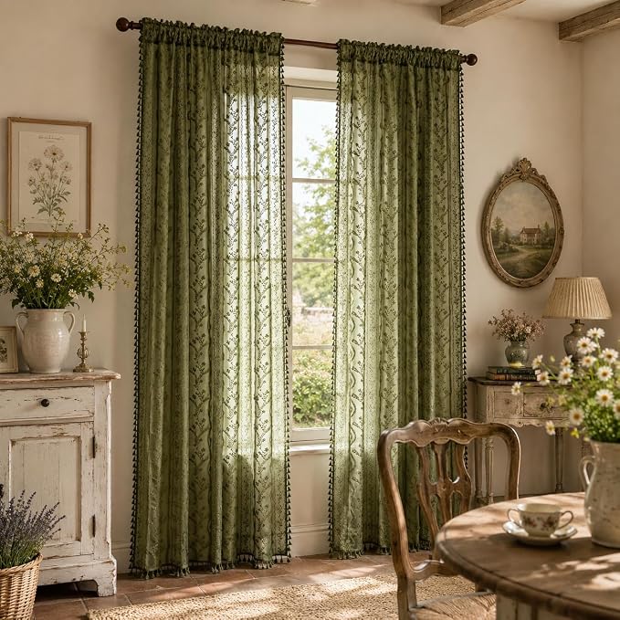 WAZZIO Boho Lace Curtains 2 Panels 84 Inch -Victorian Sheer Panel Drape French - Image 4