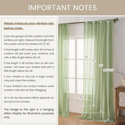 WAZZIO Boho Lace Curtains 63 Inches 2 Panel, Light Filtering Privacy Tassel & - Image 8