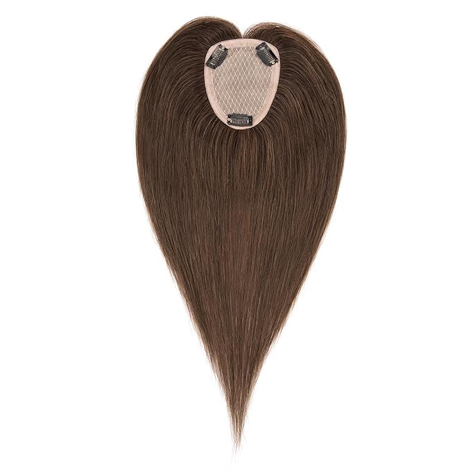 Hairro Human Hair Toppers Free Parted, 3.5x4.7" Base Hand-wovened 100% Real Hairpieces, with Invisible Clips-in for Women, for High Hairline/Adding Volume on Top, 12 Inch Dark Brown