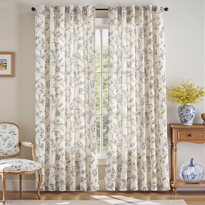 Blue Floral Linen Curtains Farmhouse Rod Pocket 50W X 84L 2 Panels | Charlotte - Image 2