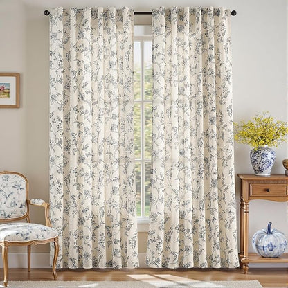 Blue Floral Linen Curtains Farmhouse Rod Pocket 50W X 90L 2 Panels | Charlotte - Image 2