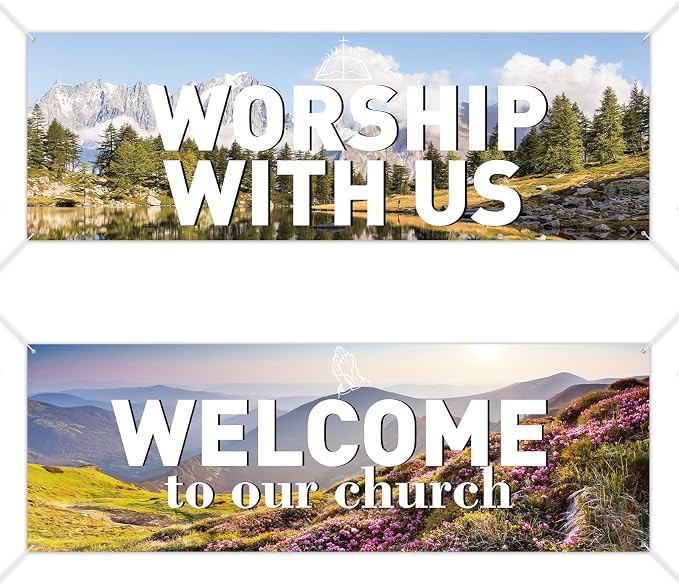 2 Pcs Worship with Us Large Banners 6 × 2ft Welcome to Our Church Flag Welcome by Unknown