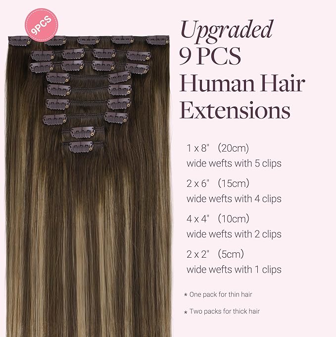 GOO GOO Clip in Hair Extensions Real Human Hair, Remy Human Hair Extensions Clip ins for Women, Natural Human Hair, 20inch 150g 9Pcs, 4/27/4 Balayage Chocolate Brown to Caramel Blonde