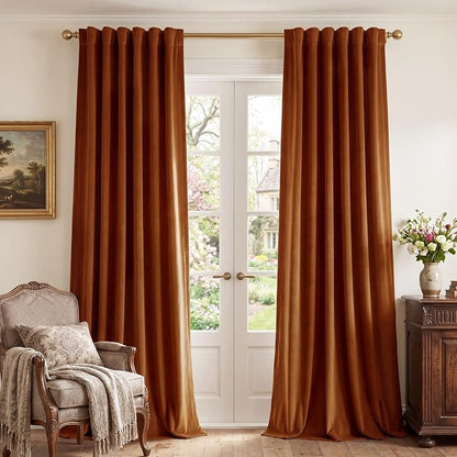 Burnt Orange Velvet Curtains Back Tab Boho Drapes, Window Back Tab Pinch Pleat by StangH