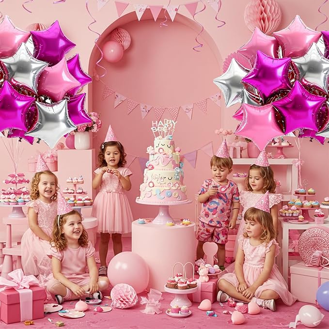 TONIFUL 15Pcs Star Balloons 18Inch Large Hot Pink Silver Pink Foil Balloons | - Image 4