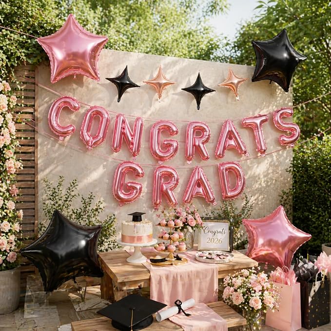Congrats Grad Balloons, 16 Inch Rose Gold Black Congrats Grad Letters Banner - Image 5