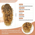 FLUFYMOOZ 100％ Pure Protein Ponytail Extension, 18 Inch Curly Claw Clip Ponytail Hair Extensions Natural Soft pony tail hairpiece for women-Medium Brown with Golden Blonde