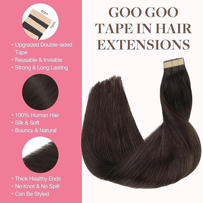 GOO GOO Tape in Hair Extensions Human Hair, 2A Light Brown, 16inch 50g 20pcs, Skin Weft Seamless Invisible, Silky Straight with Thick Ends, Remy Human Hair