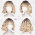 BARSDAR Blonde Ombre Short Wavy Wig with Bangs - Short Wavy Blonde Ombre Wig for Women - Fluffy Soft Synthetic Dark Roots Curly Textured French Bob Wigs with Bangs Natural Looking Face-Framing