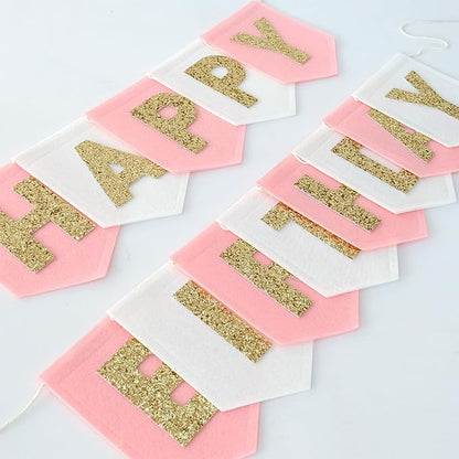 Felt Pink Gold White Happy Birthday Banner Birthday Decorations by HODIHIWI