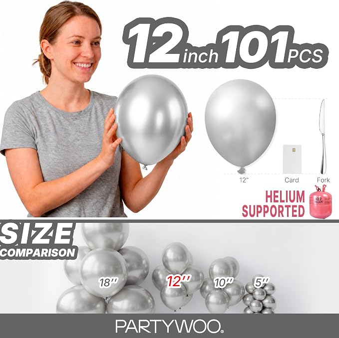 PartyWoo Silver Balloons 101pcs Silver Latex Helium Balloons 12 Inch | Birthday - Image 6
