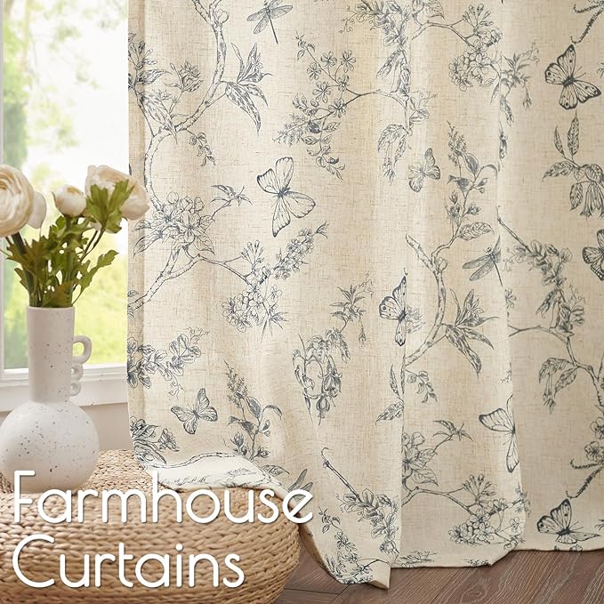 Blue Floral Linen Curtains Farmhouse Rod Pocket 50W X 96L 2 Panels | Charlotte - Image 3