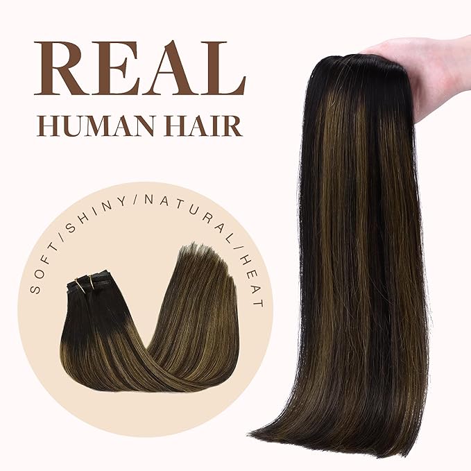 GOO GOO Clip in Hair Extensions Real Human Hair, Remy Human Hair Extensions Clip ins for Women, Natural Human Hair, 16inch 130g 7Pcs, 1B/6/1B Balayage Natural Black to Chestnut Brown