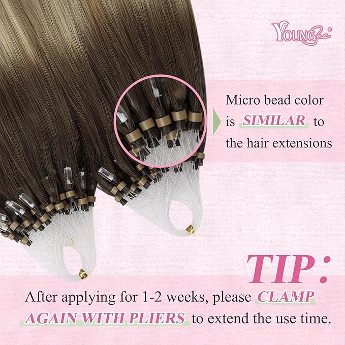 YoungSee Micro Loop Hair Extensions Real Human Hair Balayage Microbead Hair Extensions Human Hair Balayage Brown with Blonde Bead Hair Extension 20In for Photo Shoots 50s/50g