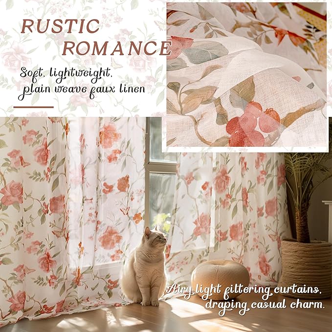 Sheer Curtains 45 Inch Length 2 Panels Set, Floral Patterned Linen Look - Image 4