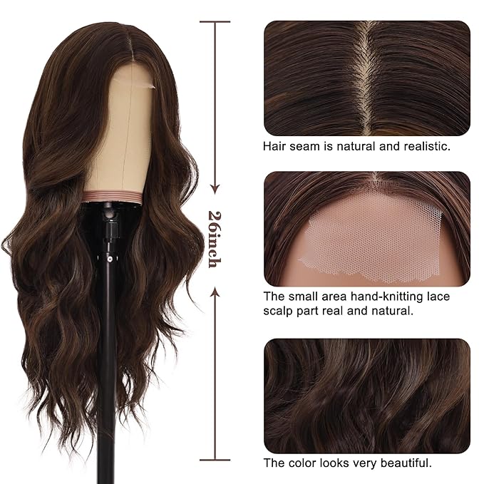 NAYOO Long Brown Wavy Wig for Women 26 Inch Middle Part Curly Wavy Wig Natural Looking Synthetic Heat Resistant Fiber for Daily Party (Brown with Highlights)