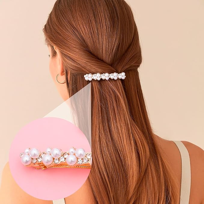 2 Pcs Pearl Hair Clips, Pearl-Embellished Barrette, Elegant Rhinestone Pearls Barrettes for Women, Party, Wedding, Daily Use, Graduation (Gold)