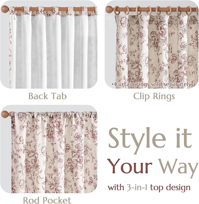 jinchan Red Floral Linen Curtains Lined 90 Inch Farmhouse Back Tab 2 Panels | - Image 6