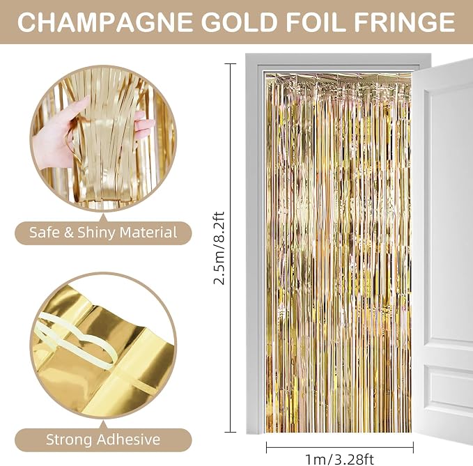 30 Pack Champagne Gold Foil Fringe Curtain Backdrop, 3.3x8.2 Feet Metallic - Image 3