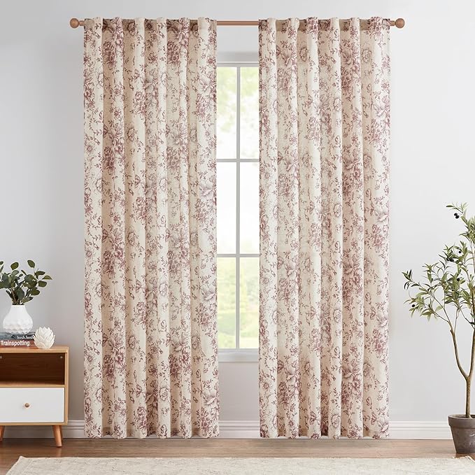 jinchan Red Floral Linen Curtains 84 Inch Farmhouse Back Tab 2 Panels | Light by JINCHAN