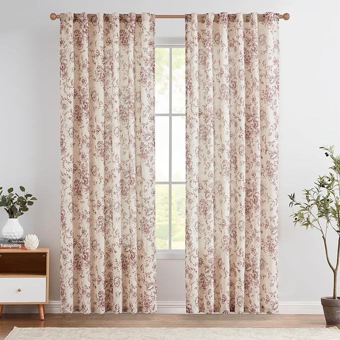 jinchan Red Floral Linen Curtains 90 Inch Vintage Back Tab 2 Panels | Light by JINCHAN